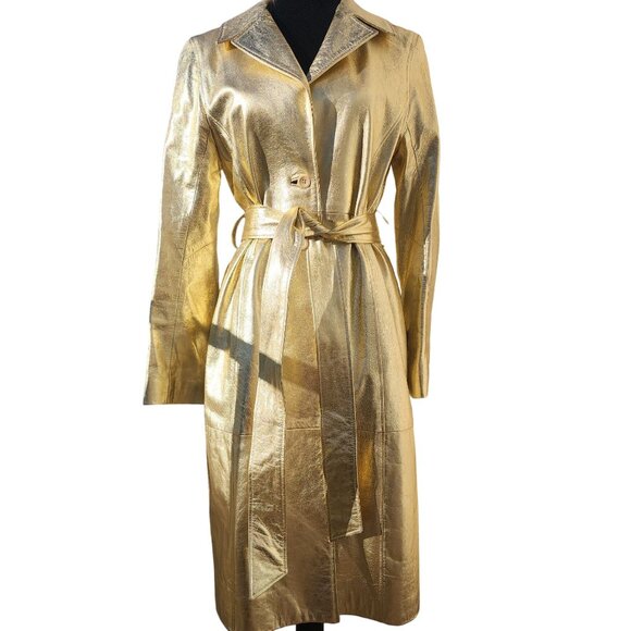 Glamorous Gold Metallic REAL Genuine Soft Leather Designer Jacket Coat Trench NW - Picture 5 of 16